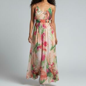 VENUS 8 Pink Green Tropical Floral Maxi Dress Preppy Artsy Romantic Boardwalk
